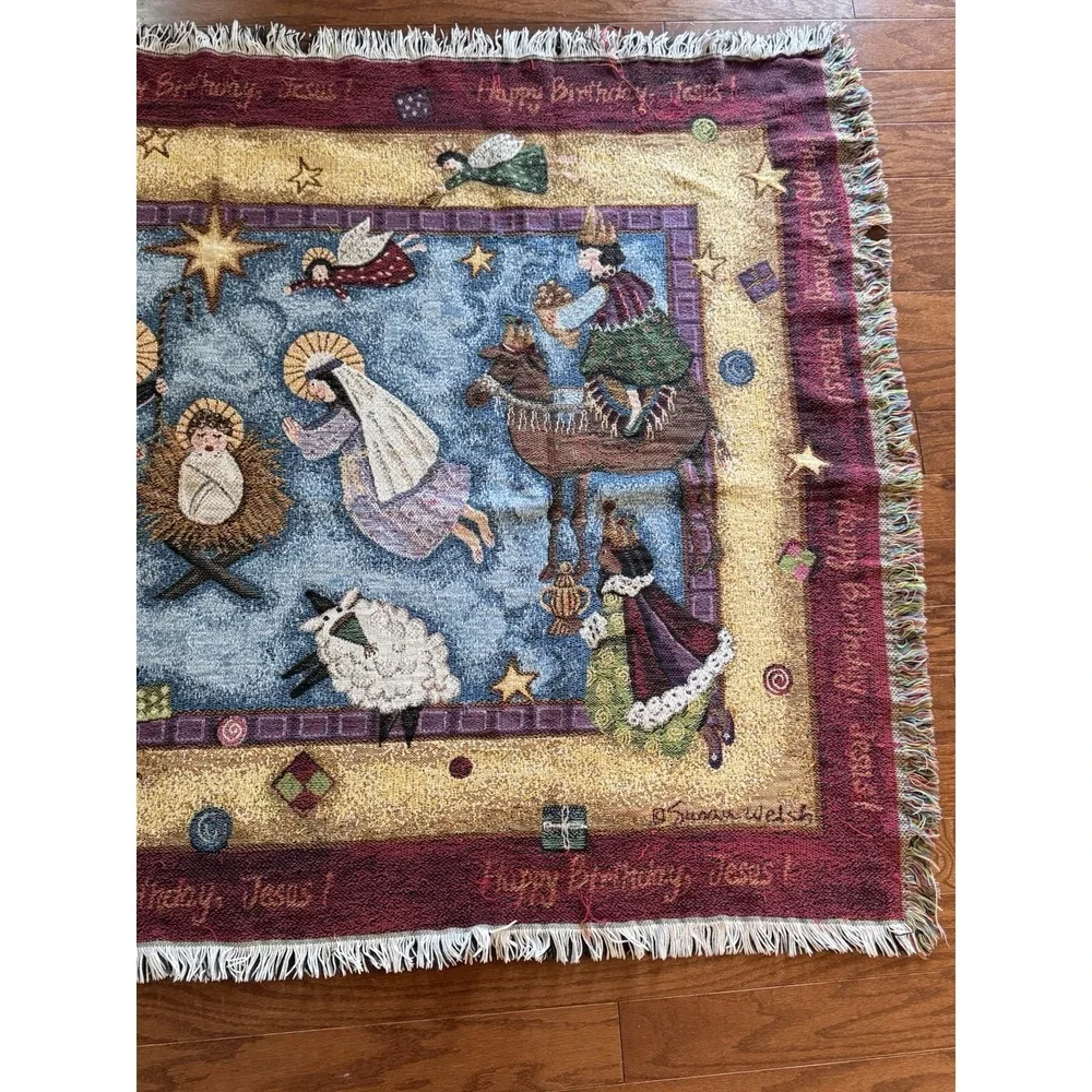 Vintage Christmas Angels Happy Bday Jesus Throw Blanket Tapestry Goodwin Weavers